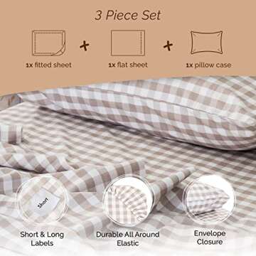 Five Looms - Cozy Flannel Bed Sheet Set, 100% Cotton Flannel Sheets with Deep Pockets, All Around Elastic, Ultra Soft Flannel - Fitted Sheet, Flat Sheet, and 1 Pillowcase, Twin Size, Gingham Beige