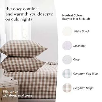 Five Looms - Cozy Flannel Bed Sheet Set, 100% Cotton Flannel Sheets with Deep Pockets, All Around Elastic, Ultra Soft Flannel - Fitted Sheet, Flat Sheet, and 1 Pillowcase, Twin Size, Gingham Beige