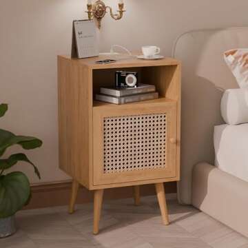 Modern Rattan Nightstand Set with Charging Station