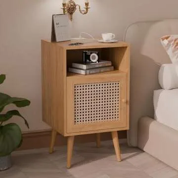 Modern Rattan Nightstand Set with Charging Station