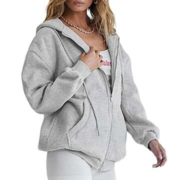 FOMOYUU Womens Oversized Zip Up Hoodie Jacket Baggy Loose Basic Zipper Hooded Sweatshirt Coat (Grey, L)