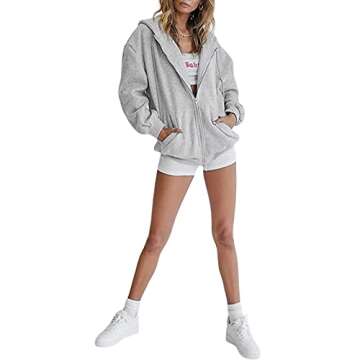FOMOYUU Womens Oversized Zip Up Hoodie Jacket Baggy Loose Basic Zipper Hooded Sweatshirt Coat (Grey, L)