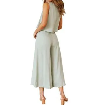 ROYLAMP Women's Summer 2 Piece Outfits Round Neck Crop Basic Top Cropped Wide Leg Pants Set Jumpsuits Light Green S