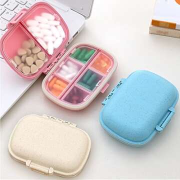 Pill Organizer Moisture Proof Small Pill Case Travel Pill Box 8 Compartments Daily Pill Container Portable Medicine Mini Medicine Box for Fish Oil, Vitamin, Supplements Pill Holder
