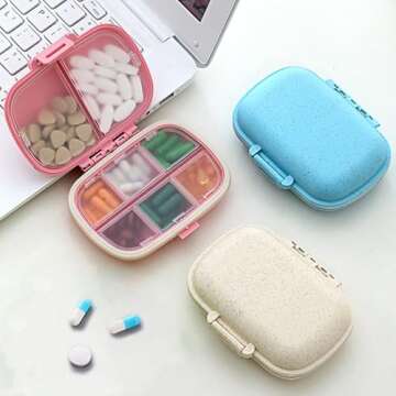 Pill Organizer Moisture Proof Small Pill Case Travel Pill Box 8 Compartments Daily Pill Container Portable Medicine Mini Medicine Box for Fish Oil, Vitamin, Supplements Pill Holder