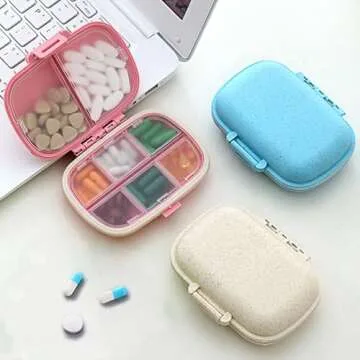 Pill Organizer Moisture Proof Small Pill Case Travel Pill Box 8 Compartments Daily Pill Container Portable Medicine Mini Medicine Box for Fish Oil, Vitamin, Supplements Pill Holder