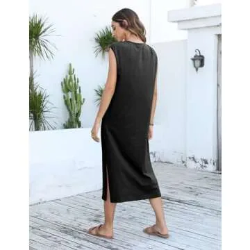 RIATOUR Womens Summer Boat Neck Twist Cap Sleeve Casual Sundress Side Split Midi Tshirt Dress with Pockets(Black-M), Medium