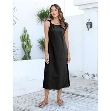 RIATOUR Womens Summer Boat Neck Twist Cap Sleeve Casual Sundress Side Split Midi Tshirt Dress with Pockets(Black-M), Medium