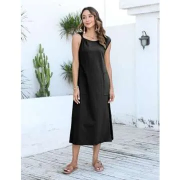 RIATOUR Womens Summer Boat Neck Twist Cap Sleeve Casual Sundress Side Split Midi Tshirt Dress with Pockets(Black-M), Medium