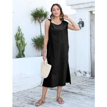 RIATOUR Womens Summer Boat Neck Twist Cap Sleeve Casual Sundress Side Split Midi Tshirt Dress with Pockets(Black-M), Medium