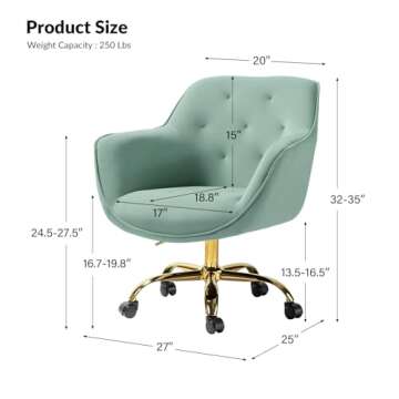 HULALA HOME Velvet Office Chair with Gold Base, Modern Cute Mid-Back Desk Chair, Adjustable Swivel T...