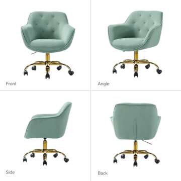 HULALA HOME Velvet Office Chair with Gold Base, Modern Cute Mid-Back Desk Chair, Adjustable Swivel Task Chair for Living Room, Bedroom, Study, Vanity, Sage