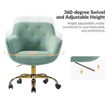 HULALA HOME Velvet Office Chair with Gold Base, Modern Cute Mid-Back Desk Chair, Adjustable Swivel Task Chair for Living Room, Bedroom, Study, Vanity, Sage