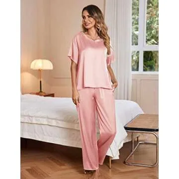 Ekouaer Womens Silk Satin Pajamas Set Two Piece Pj Sets Sleepwear Loungewear Short Sleeve Pj Sets Pink