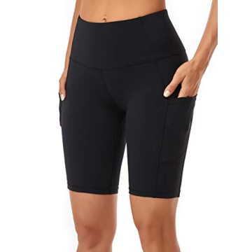 Oalka Women's High Waist Yoga Short Side Pockets - Running Shorts in Black