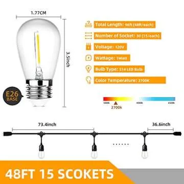 Lakumu Outdoor String Lights 96FT(48×2), Commercial Grade Heavy Duty Patio Light with Dimmable S14 Shatterproof LED Bulbs, Linkable Waterproof Bistro Lights for Outside Deck Backyard Cafe Market