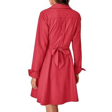 BTFBM 2023 Women Casual Fall Dresses Lapel V Neck Long Sleeve Button Front Tie Waist A-Line Mini Party Cocktail Dress(Solid Red, Medium)