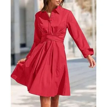 BTFBM 2023 Women Casual Fall Dresses Lapel V Neck Long Sleeve Button Front Tie Waist A-Line Mini Party Cocktail Dress(Solid Red, Medium)