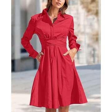BTFBM 2023 Women Casual Fall Dresses Lapel V Neck Long Sleeve Button Front Tie Waist A-Line Mini Party Cocktail Dress(Solid Red, Medium)