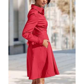 BTFBM 2023 Women Casual Fall Dresses Lapel V Neck Long Sleeve Button Front Tie Waist A-Line Mini Party Cocktail Dress(Solid Red, Medium)