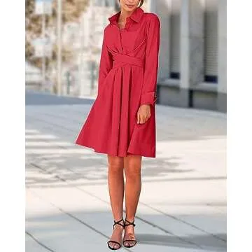 BTFBM 2023 Women Casual Fall Dresses Lapel V Neck Long Sleeve Button Front Tie Waist A-Line Mini Party Cocktail Dress(Solid Red, Medium)