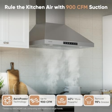 Wall Mount 30 Inch Range Hood 900 CFM,3-speed Gesture Sensing & Touch Control, Ductless/Ducted Conve...