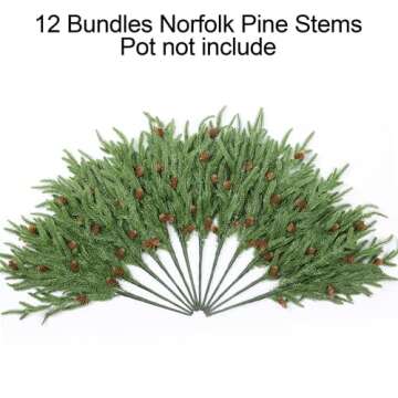 Artificial Christmas Norfolk Pine Stems Branches for Vases,12 Bundles Fake Faux Evergreen Green Real Feel Touch Stem Greenery with Pine Cones for Xmas Holiday Winter Table Indoor Decoration