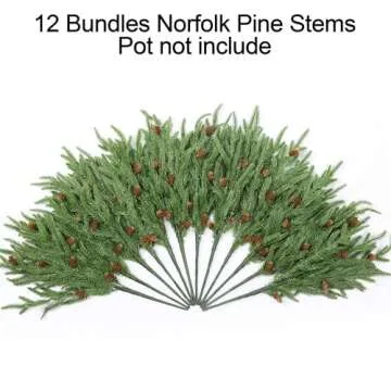 Artificial Christmas Norfolk Pine Stems Branches for Vases,12 Bundles Fake Faux Evergreen Green Real Feel Touch Stem Greenery with Pine Cones for Xmas Holiday Winter Table Indoor Decoration