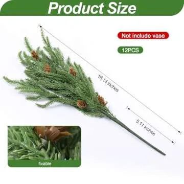 Artificial Christmas Norfolk Pine Stems Branches for Vases,12 Bundles Fake Faux Evergreen Green Real Feel Touch Stem Greenery with Pine Cones for Xmas Holiday Winter Table Indoor Decoration