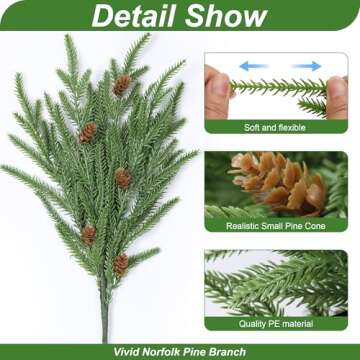 Artificial Christmas Norfolk Pine Stems Branches for Vases,12 Bundles Fake Faux Evergreen Green Real Feel Touch Stem Greenery with Pine Cones for Xmas Holiday Winter Table Indoor Decoration