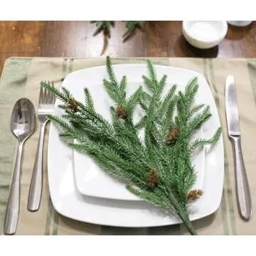 Artificial Christmas Norfolk Pine Stems Branches for Vases,12 Bundles Fake Faux Evergreen Green Real Feel Touch Stem Greenery with Pine Cones for Xmas Holiday Winter Table Indoor Decoration