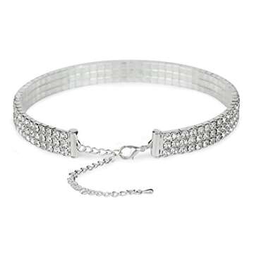 Rhinestone Choker 3 Row Silver by LuxeLife – Women’s Crystal Diamond Necklace with 5-Inch Extens...