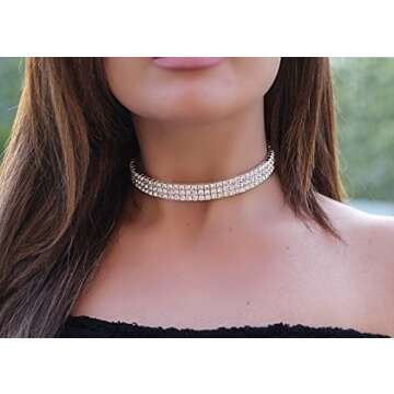Rhinestone Choker 3 Row Silver by LuxeLife – Women’s Crystal Diamond Necklace with 5-Inch Extension Chain – Classic Fashion Jewelry Accessories – Matches Earrings, Bracelets and Rings Flawlessly
