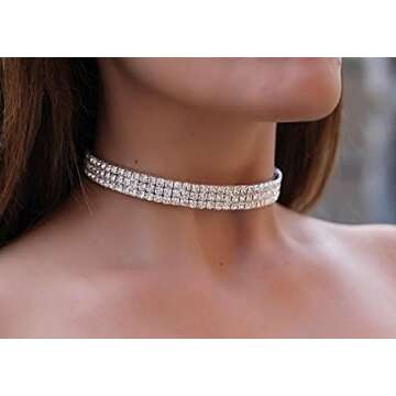 Rhinestone Choker 3 Row Silver by LuxeLife – Women’s Crystal Diamond Necklace with 5-Inch Extension Chain – Classic Fashion Jewelry Accessories – Matches Earrings, Bracelets and Rings Flawlessly