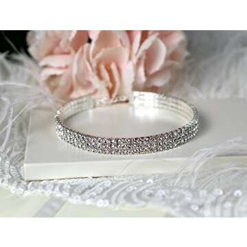 Rhinestone Choker 3 Row Silver by LuxeLife – Women’s Crystal Diamond Necklace with 5-Inch Extension Chain – Classic Fashion Jewelry Accessories – Matches Earrings, Bracelets and Rings Flawlessly