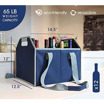 TheBarsentials 12 Bottle Wine Carrier Bag Collapsible Reusable with Strap for Liquor Champagne Beer Glasses Storage Shopping Travel (Navy Blue)