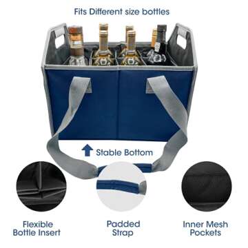 TheBarsentials 12 Bottle Wine Carrier Bag Collapsible Reusable with Strap for Liquor Champagne Beer Glasses Storage Shopping Travel (Navy Blue)