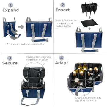 TheBarsentials 12 Bottle Wine Carrier Bag Collapsible Reusable with Strap for Liquor Champagne Beer Glasses Storage Shopping Travel (Navy Blue)