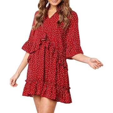 MITILLY Women's Summer V Neck Ruffle Polka Dot Pocket Loose Swing Casual Short T-Shirt Dress