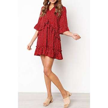 MITILLY Women's Summer V Neck Ruffle Polka Dot Pocket Loose Swing Casual Short T-Shirt Dress
