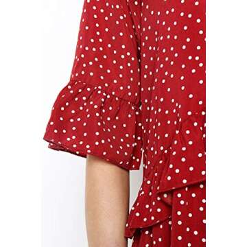 MITILLY Women's Summer V Neck Ruffle Polka Dot Pocket Loose Swing Casual Short T-Shirt Dress