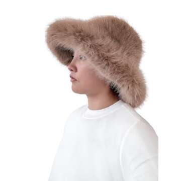 Lina & Lily Oversized Winter Faux Fur Bucket Hat for Women - Long Pile Fur Wide Moldable Brim (Camel)