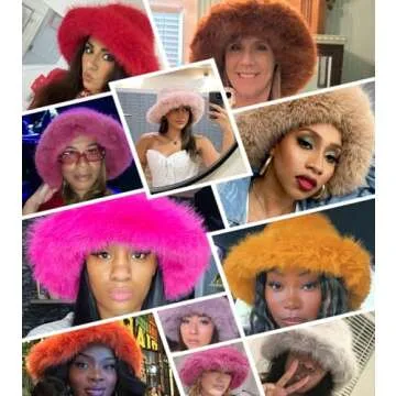 Lina & Lily Oversized Winter Faux Fur Bucket Hat for Women - Long Pile Fur Wide Moldable Brim (Camel)