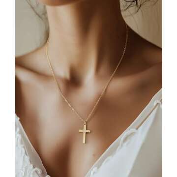 VTEVER Dainty 14k Gold Cross Necklace with CZ Gemstone Adjustable Chain