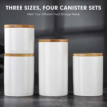Kitchen Canisters Sets for Kitchen Counter, WELLCHE White 4PCS Flour and Sugar Containers, Ceramic Jars with Airtight Bamboo Lid, Sugar, Tea Storage Container