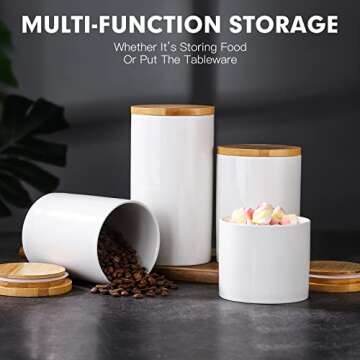 Kitchen Canisters Sets for Kitchen Counter, WELLCHE White 4PCS Flour and Sugar Containers, Ceramic Jars with Airtight Bamboo Lid, Sugar, Tea Storage Container