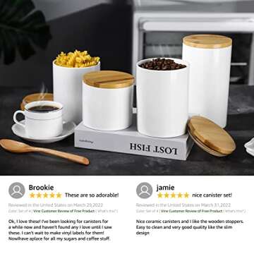 Kitchen Canisters Sets for Kitchen Counter, WELLCHE White 4PCS Flour and Sugar Containers, Ceramic Jars with Airtight Bamboo Lid, Sugar, Tea Storage Container