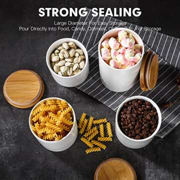 Kitchen Canisters Sets for Kitchen Counter, WELLCHE White 4PCS Flour and Sugar Containers, Ceramic Jars with Airtight Bamboo Lid, Sugar, Tea Storage Container