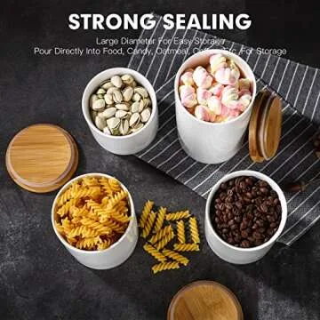 Kitchen Canisters Sets for Kitchen Counter, WELLCHE White 4PCS Flour and Sugar Containers, Ceramic Jars with Airtight Bamboo Lid, Sugar, Tea Storage Container