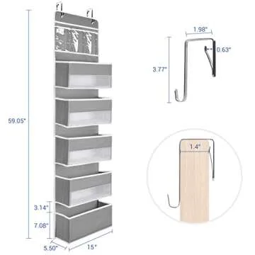 NesTidy Over The Door Organizer Storage 6 Layers, Wall Mount Hanging Organizer with 5 Large Pocket Organizers and 3 Small Pockets for Baby Essentials, Toys, Cosmetics, and Sundries (Grey, 1 Pack)